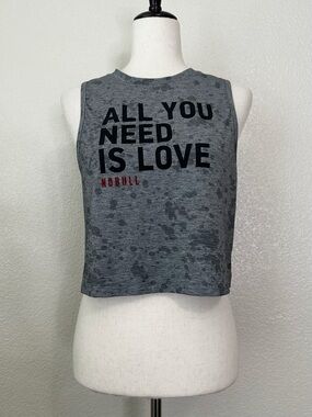 Nobull "All You Need Is Love" Graphic Gray Muscle Crop Tank Top, Sz Small
